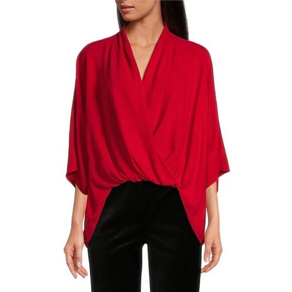 💕TRINA TURK💕 Draped High-Low Concourse Blouse ~ Reina Red Medium NWOT - Picture 3 of 11